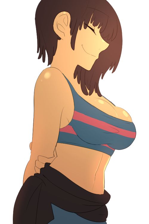 1girls aged_up areolae arms_behind_back bare_shoulders big_breasts breasts brown_hair cleavage closed_eyes clothed clothed_female clothing exposed_breasts female female_frisk female_frisk_(undertale) female_human female_only frisk hand_behind_back hands_behind_back happy human knocker12 large_breasts light_skin long_hair midriff posing shiny_skin short_hair sideboob simple_background smile smiling solo solo_female striped_clothing tank_top undertale undertale_(series) voluptuous white_background