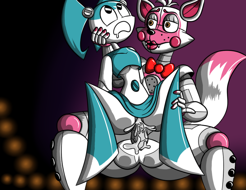 animatronic anthro canine clothed clothing digital_media_(artwork) duo female five_nights_at_freddy's fox foxy_(fnaf) funtime_foxy_(fnaf) funtime_foxy_(fnafsl) hyperflannel inside invalid_tag jenny_wakeman machine male mammal my_life_as_a_teenage_robot nick nickelodeon nude robot sister_location sitting skimpy smooth_skin toony video_games what