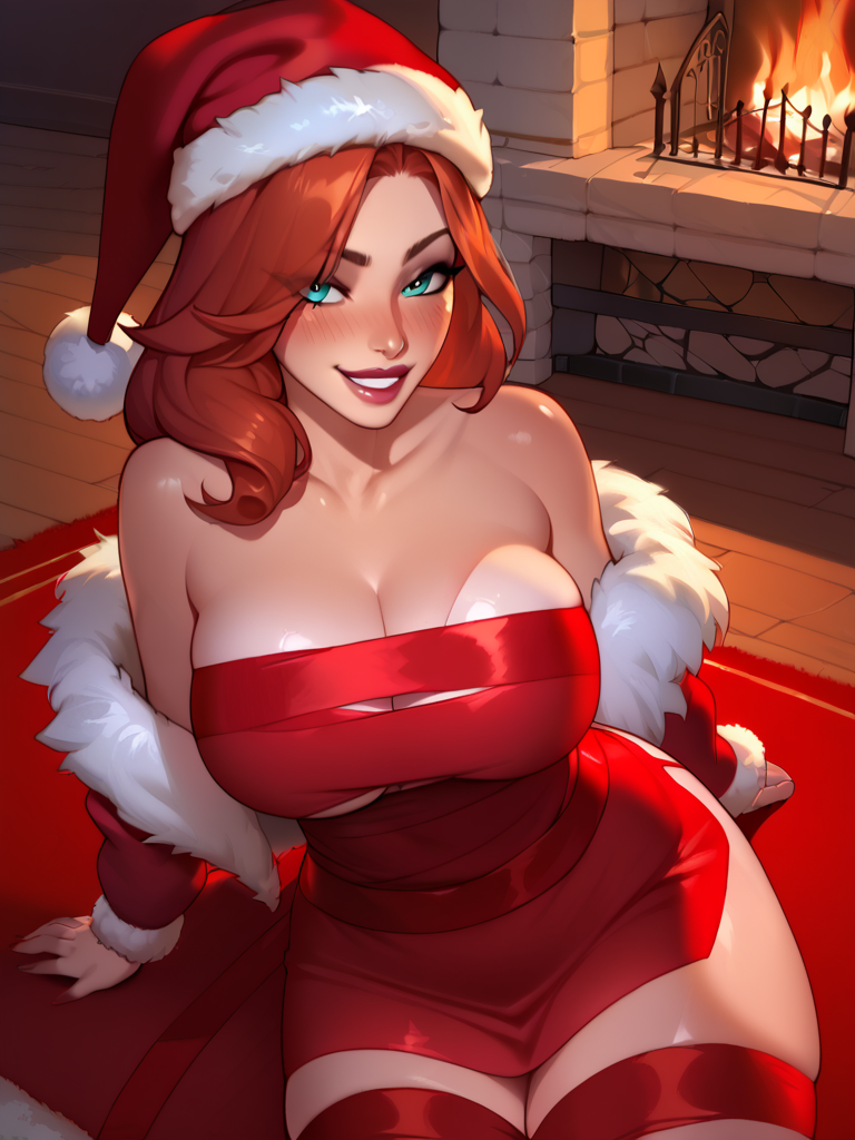 11_22 1girls ai_generated bare_shoulders big_breasts blue_eyes blush candy_cane_miss_fortune christmas christmas_outfit cleavage collarbone fire fireplace fur_coat fur_trim grin hair_over_one_eye huge_breasts large_breasts league_of_legends lipstick long_hair looking_at_viewer miss_fortune orange_hair red_dress red_hair ribbon ribbon_bondage riot_games rug santa_hat seductive_look seductive_smile sitting snowdown_showdown_series stockings strapless_dress wavy_hair wrapped