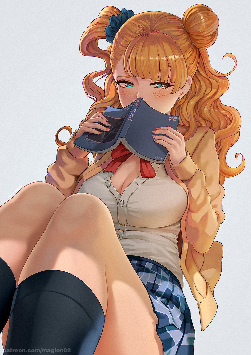 black_socks blonde_hair blue_eyes blush book breasts cleavage female galko grey_background gyaru highres magion02 oshiete!_galko-chan school_uniform skirt socks solo