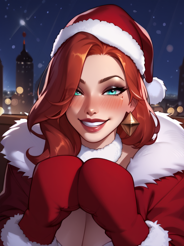 11_22 1girls ai_generated big_breasts blue_eyes blush bokeh candy_cane_miss_fortune christmas christmas_outfit city cleavage earrings fur_coat fur_trim grin hair_over_one_eye huge_breasts large_breasts league_of_legends lipstick long_hair looking_at_viewer miss_fortune mittens night orange_hair red_hair riot_games santa_hat seductive_look seductive_smile snowdown_showdown_series wavy_hair