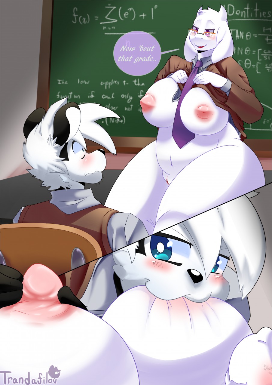 areola big_breasts blush boss_monster breast_sucking breasts caprine clothed clothing clothing_lift comic english_text eyewear female filtrandez furry glasses goat male mammal milk necktie nipples pussy school shirt shirt_lift skunk straight student sucking teacher teacher_and_student text toriel undertale video_games