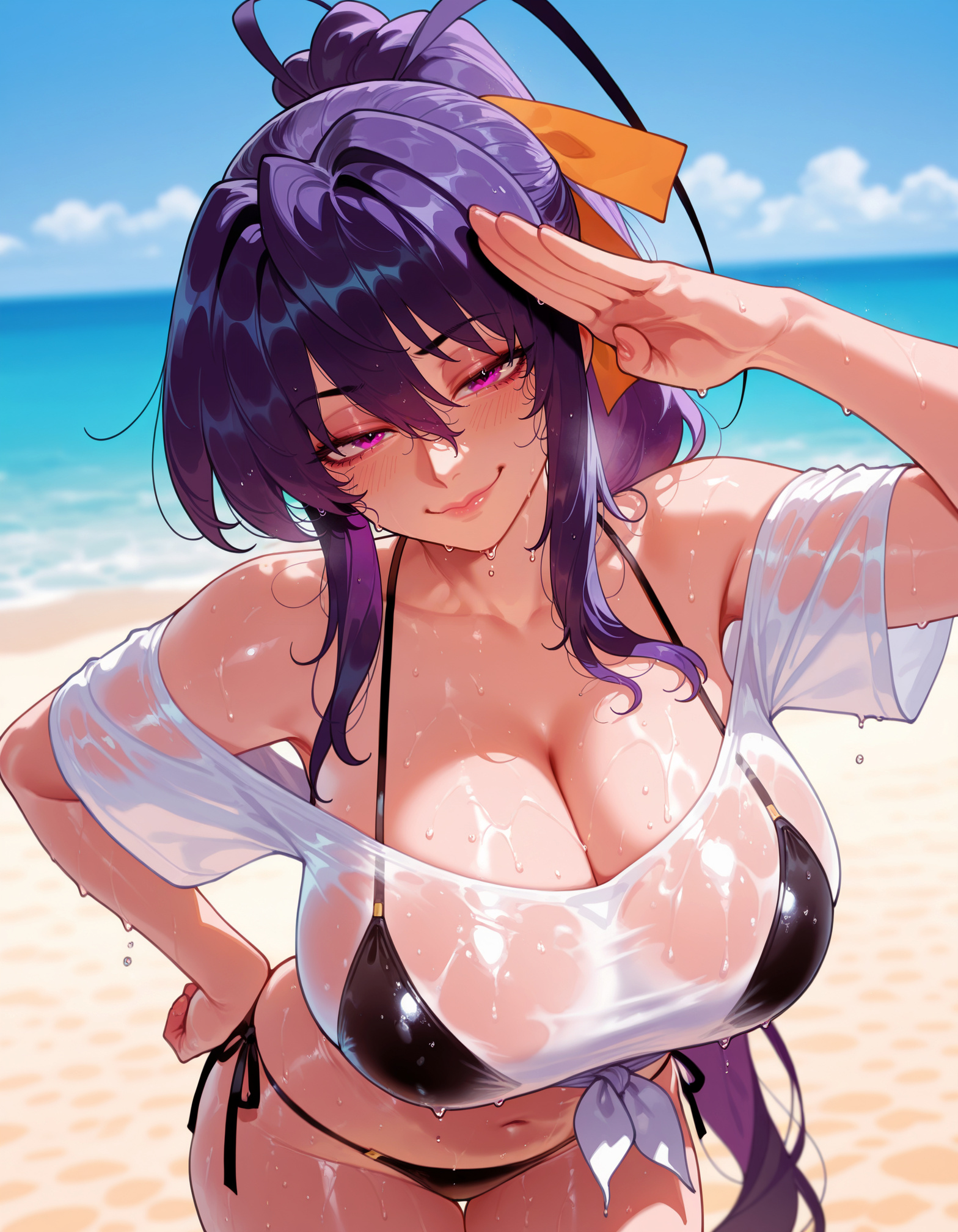 1girls, ai generated, akeno himejima, balecxi, bangs, bare shoulders, beach, bikini, bikini under clothes, black bikini, black hair, blue sky, blush, breasts, clavicle, cleavage, closed mouth, clothing, cloud, collarbone, curvaceous, curvaceous female, curvaceous figure, curvy, curvy figure, day, female, female focus, female only, hair between eyes, hair ornament, hair ribbon, halterneck, hand on own hip, high school dxd, horizon, huge breasts, inviting, inviting to sex, large breasts, leaning forward, light-skinned female, lips, long hair, looking at viewer, navel, ocean, off shoulder, off-shoulder shirt, orange ribbon, outdoors, ponytail, presenting, presenting ass, presenting breasts, presenting hindquarters, presenting self, purple eyes, purple hair, ribbon, salute, sand, seductive, seductive look, seductive smile, see-through, see-through shirt, shirt, shore, short sleeves, side-tie bikini bottom, sidelocks, sky, smile, solo, stomach, string bikini, swimsuit, thigh gap, thighs, tied shirt, very long hair, voluptuous, voluptuous female, water, wet, wet clothes, wet shirt, white shirt