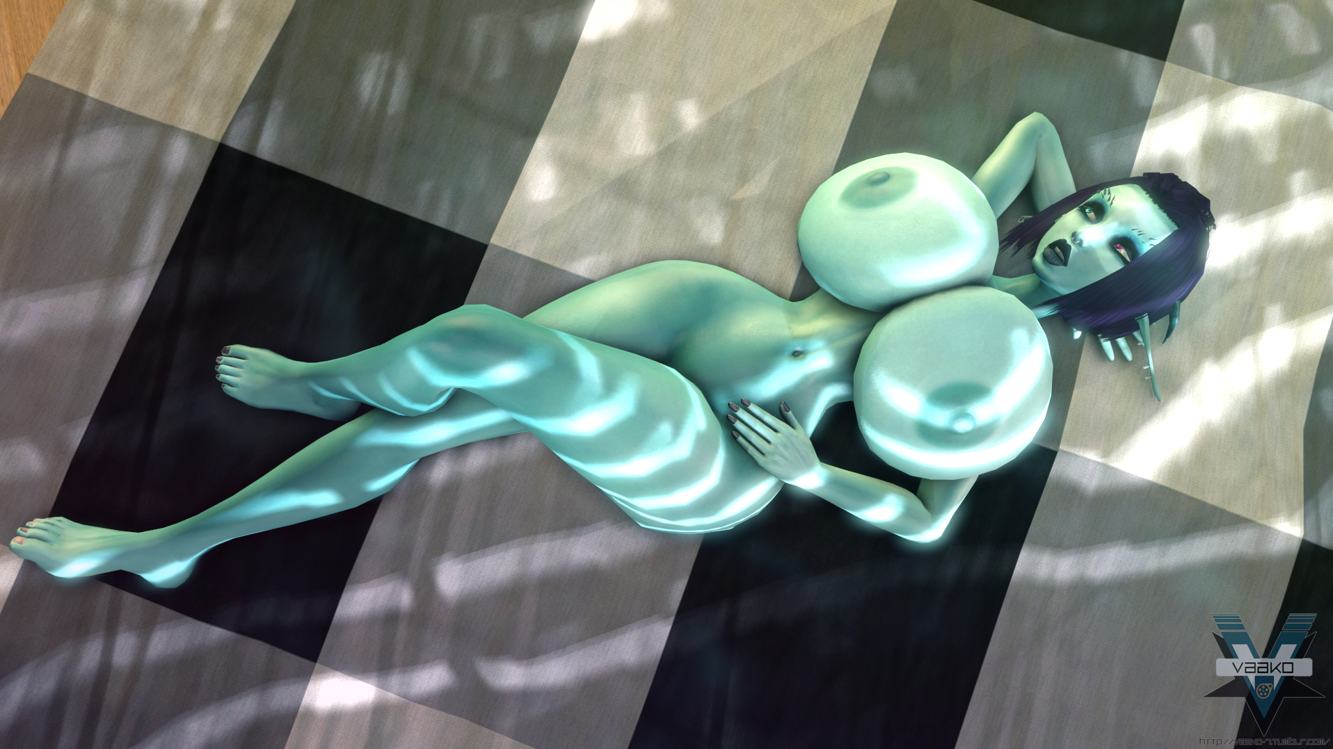 1girls, 3d, 3d (artwork), areolae, artist logo, artist watermark, barefoot, big breasts, big hips, black lips, black nails, blue skin, breasts, breasts bigger than head, busty, curvaceous, curvy, dark elf, elf, eyeshadow, female, female only, gigantic breasts, green skin, heterochromia, hi res, high resolution, highres, hips, hourglass, huge breasts, huge hips, humanoid, large areolae, large breasts, large hips, legs, long ears, long pointy ears, lying, lying on back, lying on floor, makeup, monster girl, nails, naked, naked female, narrow waist, navel, nipples, nude, nude female, petite, pointy ears, puffy nipples, sfm, slim waist, small waist, solo female, soria, source filmmaker, thin waist, tiny waist, unreal tournament, vaako, voluptuous, wasp waist, watermark, wide hips