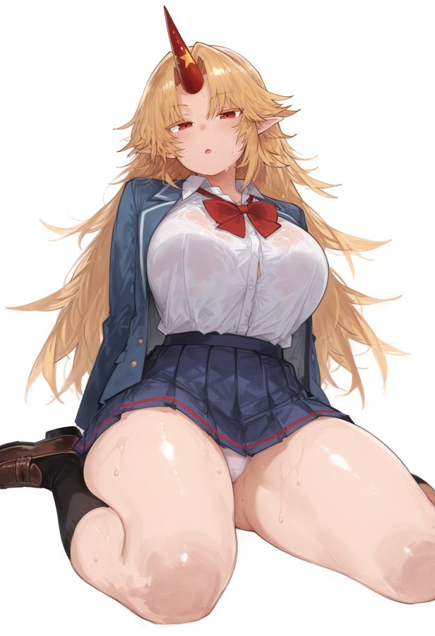 1girls blonde_hair hachimides hoshiguma_yuugi oni oni_female oni_horns panties school_uniform schoolgirl skirt thick_thighs touhou