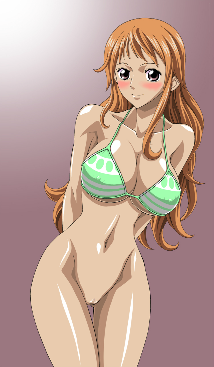 1girls, big breasts, bikini, bikini top, blush, bottomless, breasts, brown eyes, censored, edit, erect nipples, female, female only, highres, large breasts, long hair, midriff, nami (one piece), navel, nel-zel formula, nipples, no panties, one piece, orange hair, orange-haired female, photoshop, post-timeskip, pussy, smile, solo, striped bikini