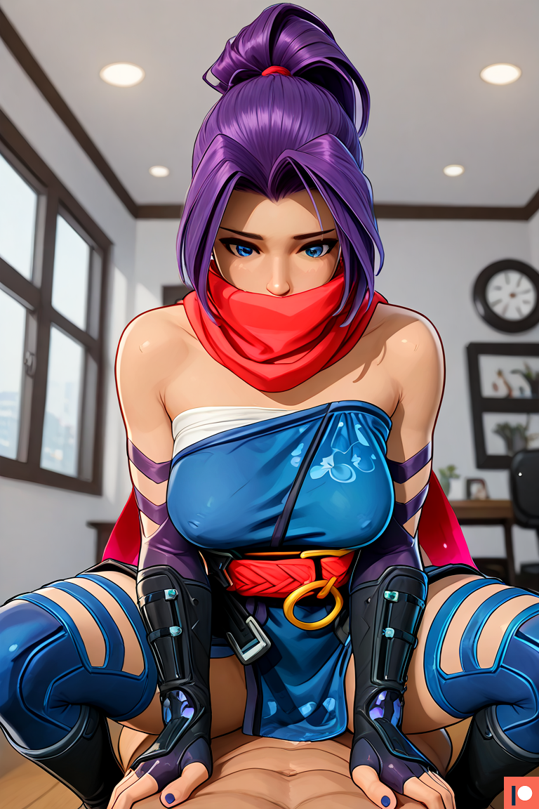 1girl1boy ai_generated blue_eyes hairband indoors indoors_sex loincloth looking_at_partner looking_at_viewer marvel marvel_rivals muscular_male nail_polish ninja_outfit no_emotion omega_weirdo patreon ponytail pov psylocke psylocke_(marvel_rivals) purple_hair scarf scarf_over_mouth sex stoic straddling