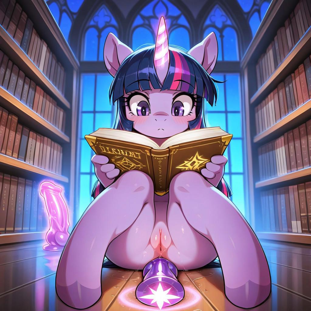 ai_generated book dildo_in_ass furry glowing_dildo glowing_horn hooves library magic_penis my_little_pony reading solo twilight_sparkle_(mlp)