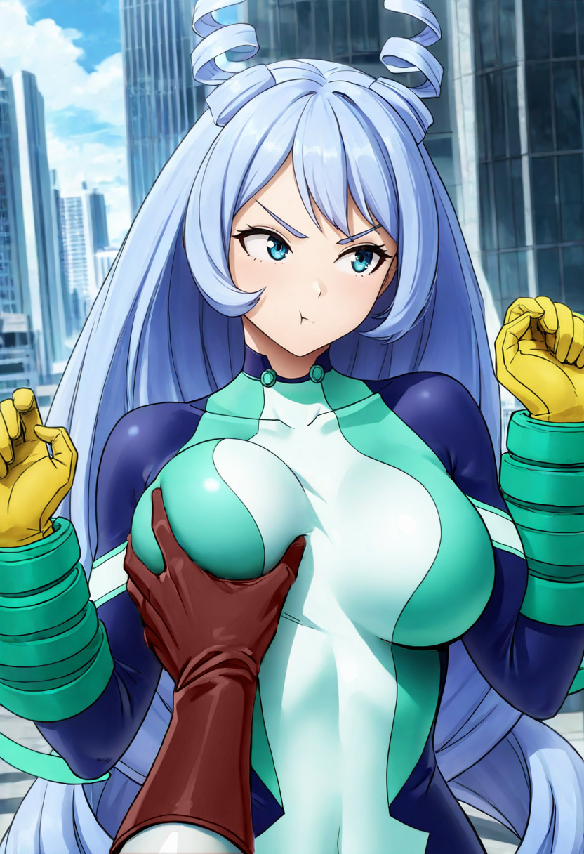 :t, 1girls, ai generated, bodysuit, breast grab, breasts, female, large breasts, mirio togata, my hero academia, nejire hado, nejire hado (hero outfit), sq7, upper body