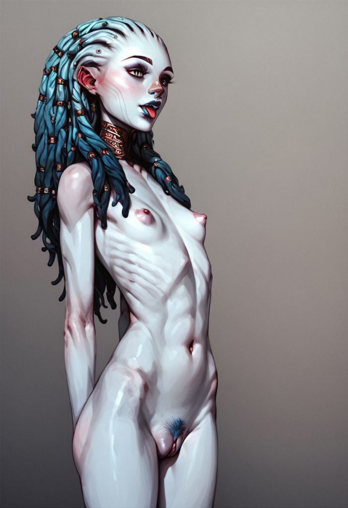 ai_generated alien_girl areola blue_eyes blue_hair braided_hair breasts grey_lips gwyndala half-dressed humanoid midriff nipples nude pale_skin skinny star_trek star_trek_prodigy vau_n'akat_(species)