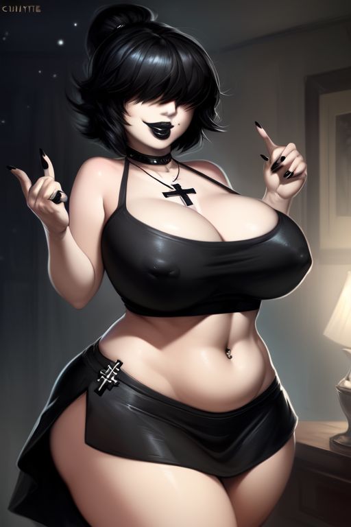 ai_generated ai_hands bangs bangs_over_eyes belly_button_ring birthmark black_hair chubby goth goth_girl hair_over_eyes huge_ass huge_breasts josie_(euclidbeing) massive_breasts massive_thighs midriff miniskirt original_character short_hair smiling smiling_at_viewer tank_top thick_thighs