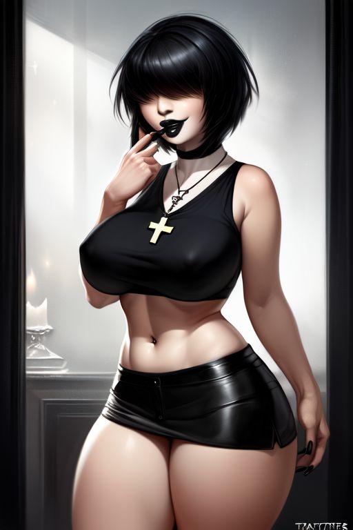 ai_generated bangs bangs_over_eyes black_hair crop_top goth goth_girl hair_over_eyes huge_ass huge_breasts josie_(euclidbeing) massive_breasts massive_thighs midriff miniskirt original_character short_hair smiling smiling_at_viewer thick_thighs