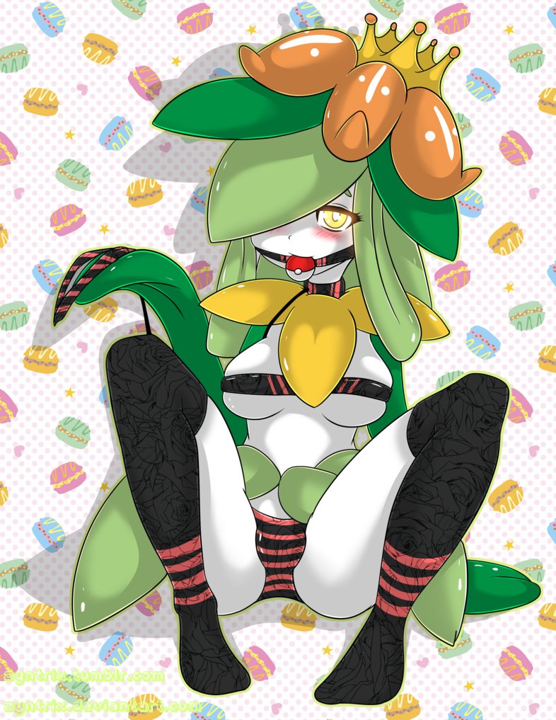 1girls, anthro, ass, ball gag, big ass, big breasts, blush, bondage, breasts, crown, eyelashes, feet, female, female only, flower, gag, gagged, green hair, green skin, hair over one eye, humanoid, leaf, lilligant, long hair, looking at viewer, nintendo, panties, pink background, plant, poke ball, poke ball gag, pokemon, pokemon bw, sitting, spread legs, striped panties, striped thighhighs, text, thighhighs, underboob, underwear, url, vethrax (skyebold), watermark, white skin, wide hips, yellow eyes