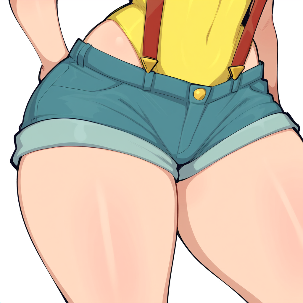 1girls aged_up ai_generated close-up kasumi_(pokemon) light-skinned_female light_skin mullon novelai overall_shorts overalls pokemon pokemon_(anime) pokemon_frlg pokemon_rgby shorts thick_thighs thigh_focus thighs wide_hips