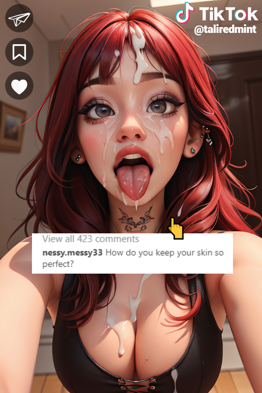 after_fellatio after_oral after_sex ai_generated caption cum cum_on_breasts cum_on_face english_text eye_contact facial female_focus looking_at_viewer open_mouth original original_character red_hair selfie social_media solo_focus straight taliredmint text tiktok tongue_out uncensored