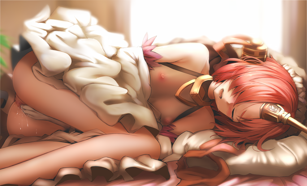 1girls bed blush censored closed_eyes dress dress_pull fate/apocrypha fate/grand_order fate_(series) female fingering frankenstein_(fate) ginhaha horns lying masturbation moaning nipples partially_undressed pillow pink_hair pussy pussy_juice saliva see-through short_hair small_breasts solo white_dress