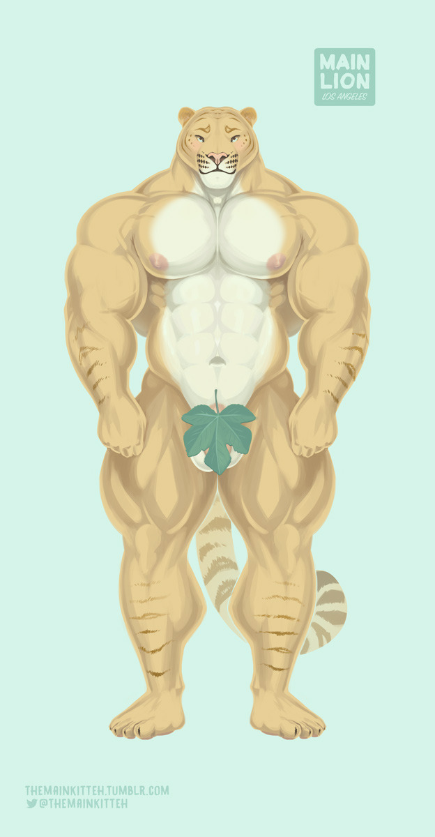 2017 abs anthro areola balls big_arms big_balls big_penis blue_eyes blush feline fig_leaf flaccid hybrid hyper hyper_muscles liger mainlion male male_only mammal markings muscular muscular_male nipples nude pecs penis simple_background solo stripes thick_thighs veiny_muscles