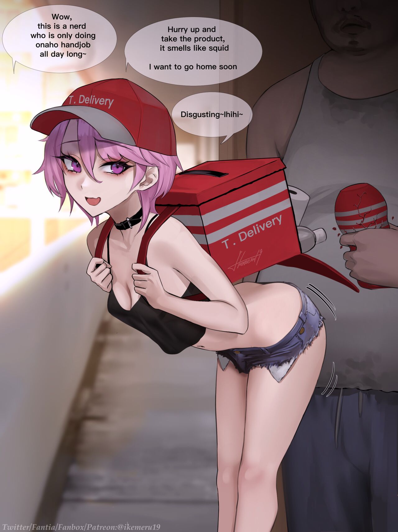 1boy 1futa ass_cleavage blouse blue_shorts butt_crack cap dark-skinned_male delivery delivery_(commerce) delivery_girl dickgirl futanari ikemeru19 jean_shorts light-skinned_futanari light_skin original original_character pink_eyes pink_hair ria_(ikemeru19) short text uncensored