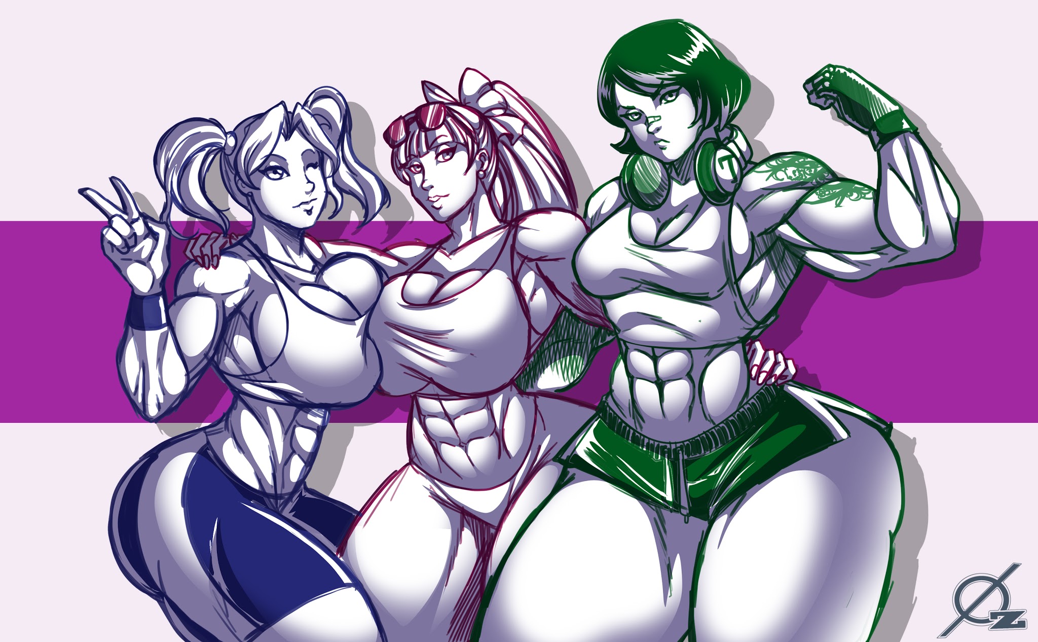 3girls, abs, athletic, biceps, blossom (powerpuff girls), breasts, bubbles (powerpuff girls), buttercup (powerpuff girls), cleavage, female, female only, fingerless gloves, gesture, glasses, gloves, hairbow, headset, highres, large breasts, long hair, long ponytail, looking at viewer, muscles, muscular, muscular female, osmar-shotgun, ponytail, powerpuff girls, shorts, thick thighs, toned, twintails, v, wide hips, wink