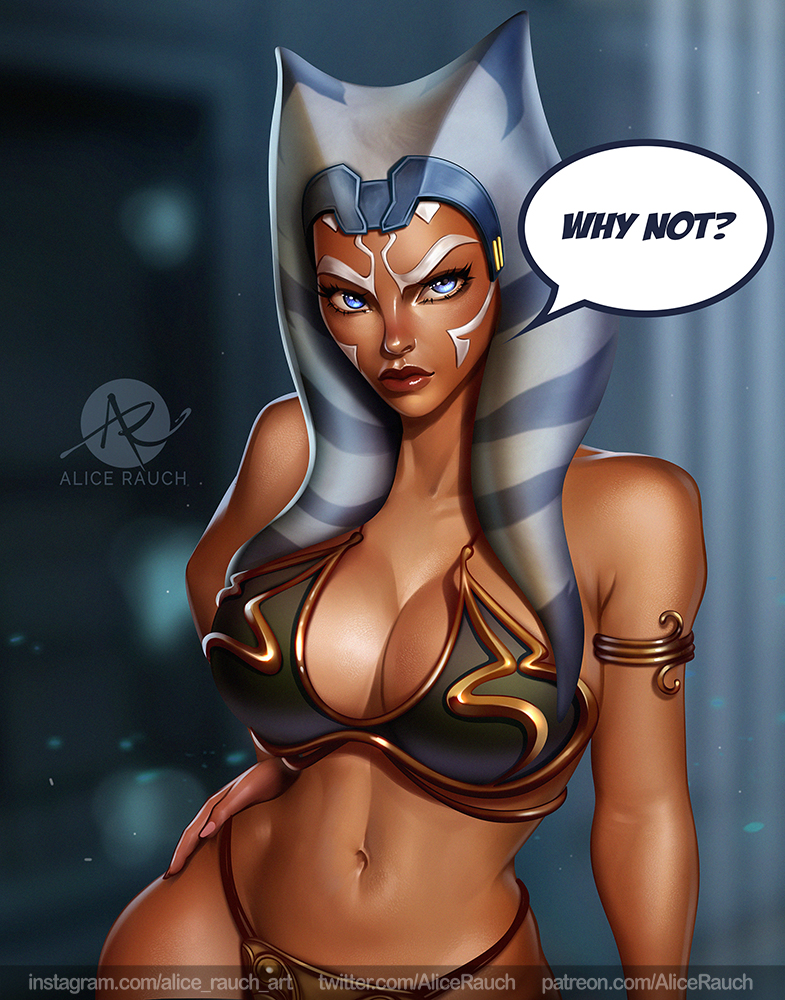 1girls ahsoka_tano dark-skinned_female english_text female female_only large_breasts slave_leia_(cosplay) solo tagme text watermark