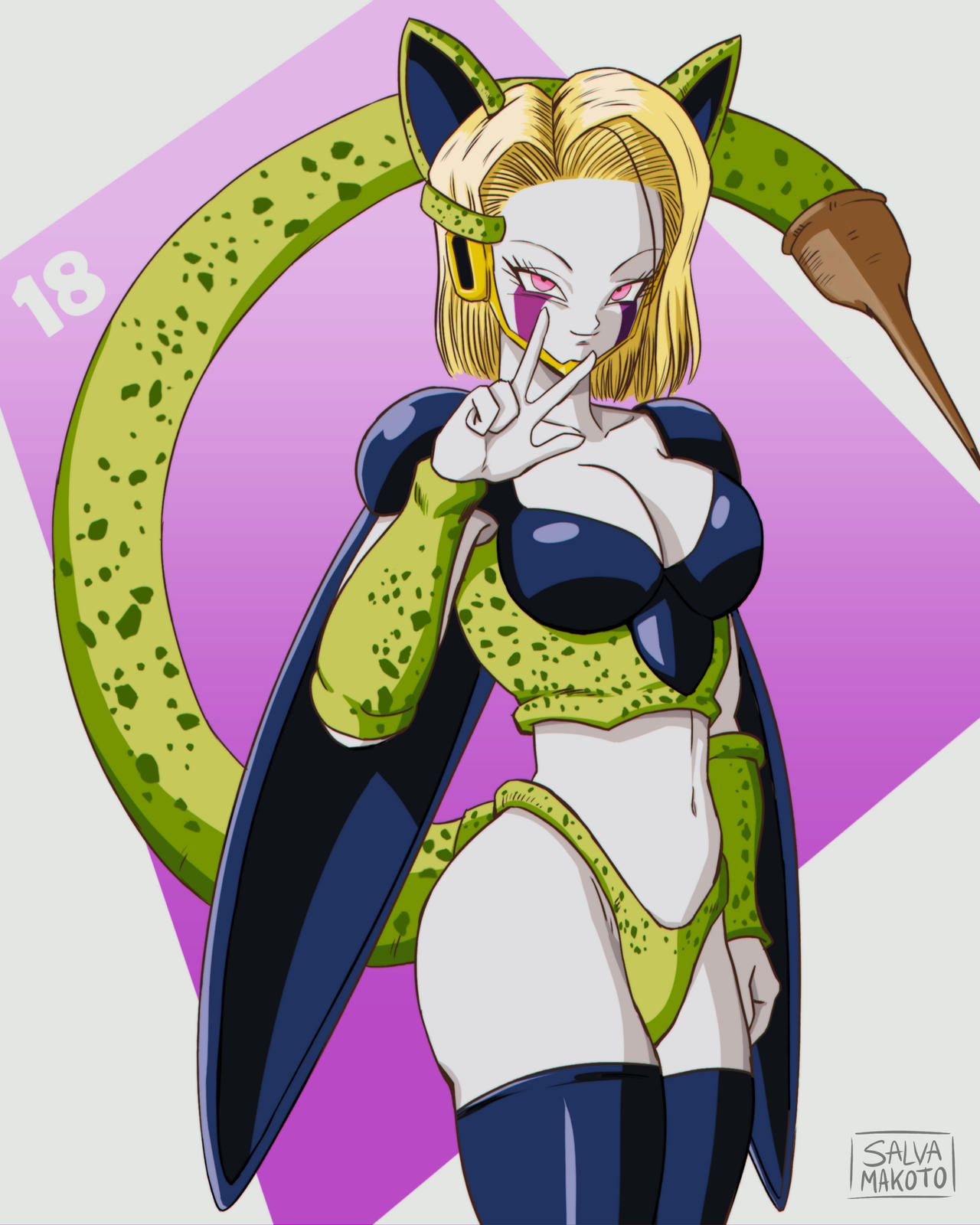 1girls 2022 absorption android_18 anime big_breasts bio-android bio-android_(dragon_ball) blonde_female blonde_hair blonde_hair_female breasts cell_(dragon_ball) cyborg cyborg_girl dragon_ball dragon_ball_z female female_focus female_only manga midriff role_reversal salvamakoto solo solo_female solo_focus tail