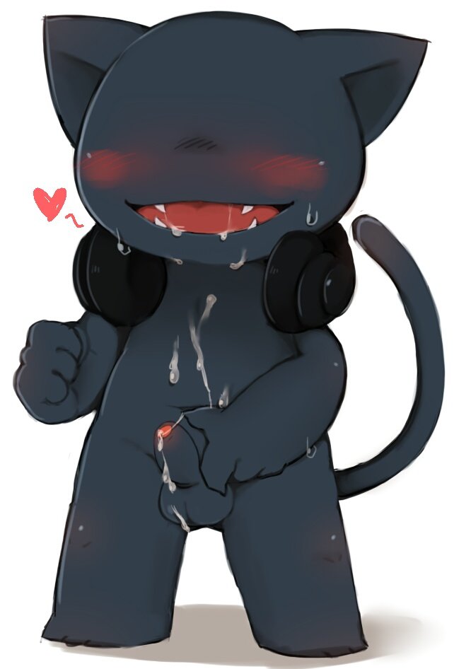 2017 anthro black_body blush cum cum_on_self eyeless fangs feline headphones male male_only mammal milk_(artist) monstercat monstercat_media nude open_mouth partially_retracted_foreskin penis simple_background solo standing sweat uncut white_background young