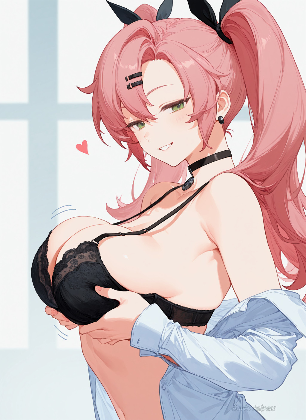1girls, ai generated, bare shoulders, black bra, bra, breast grab, breasts, busty, choker, cleavage, female, grabbing own breasts, green eyes, hoyoverse, large breasts, looking at viewer, nicole demara, orientalpass, pink hair, seductive smile, smile, smiling at viewer, solo, twintails, zenless zone zero