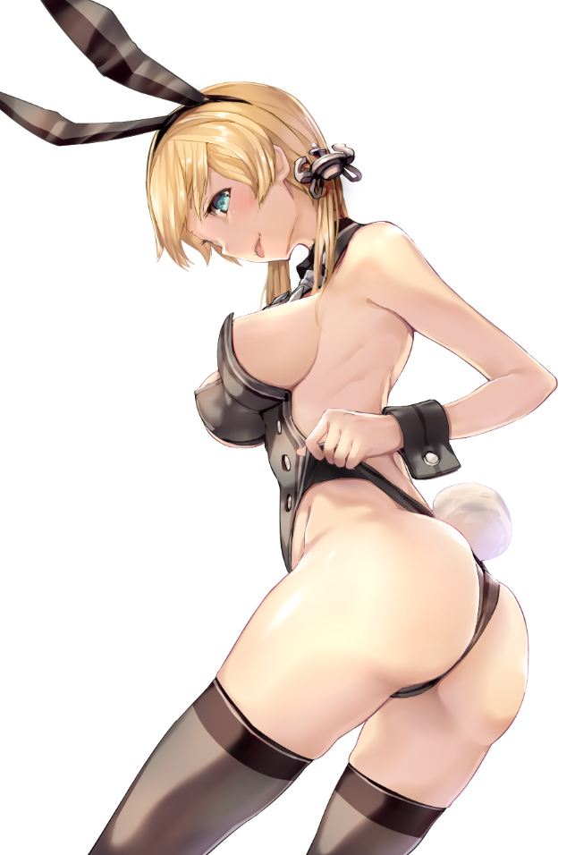 anchor_hair_ornament animal_ears aqua_eyes armadillo-tokage ass backless_outfit blonde_hair breasts bunny_ears bunnysuit detached_collar fake_animal_ears female female hair_ornament hairband iron_cross kantai_collection large_breasts leotard leotard_pull long_hair looking_at_viewer low_twintails medium_breasts prinz_eugen_(kantai_collection) sideboob simple_background solo thighs tied_hair tongue tongue_out twintails wedgie white_background wrist_cuffs