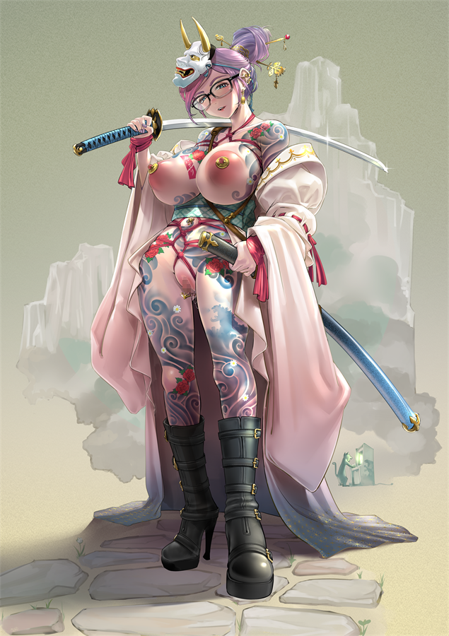 arm_tattoo blue_eyes bondage boots breasts censored chest_tattoo chichimaro female full-body_tattoo full_body glasses hair_bun high_heel_boots high_heels huge_breasts irezumi japanese_clothes katana kimono leg_tattoo mask mask_on_head nipple_piercing nipples open_clothes open_kimono original piercing purple_hair pussy pussy_piercing single_hair_bun solo stomach_tattoo sword tattoo weapon