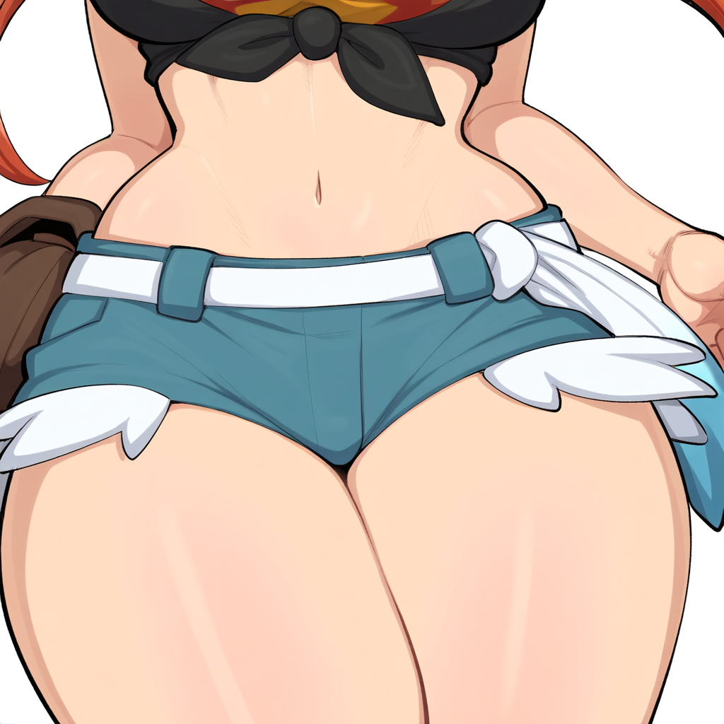 1girls ai_generated close-up flannery_(pokemon) mullon novelai pokemon pokemon_(anime) pokemon_oras pokemon_rse shorts solo solo_female solo_focus thick_thighs thigh_focus thighs wide_hips