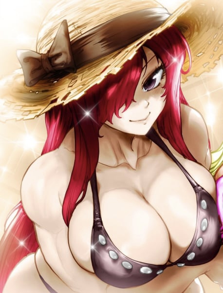 1girls erza_scarlet fairy_tail female female_only hair_over_one_eye hat huge_breasts long_hair red_hair solo straw_hat tagme thegoldensmurf