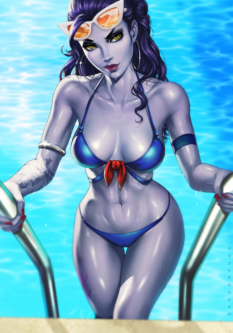 1girls, alternate costume, bikini, blizzard entertainment, breasts, cleavage, cote d'azur widowmaker, dandon fuga, female, looking at viewer, overwatch, pool, solo, wet, wet skin, widowmaker