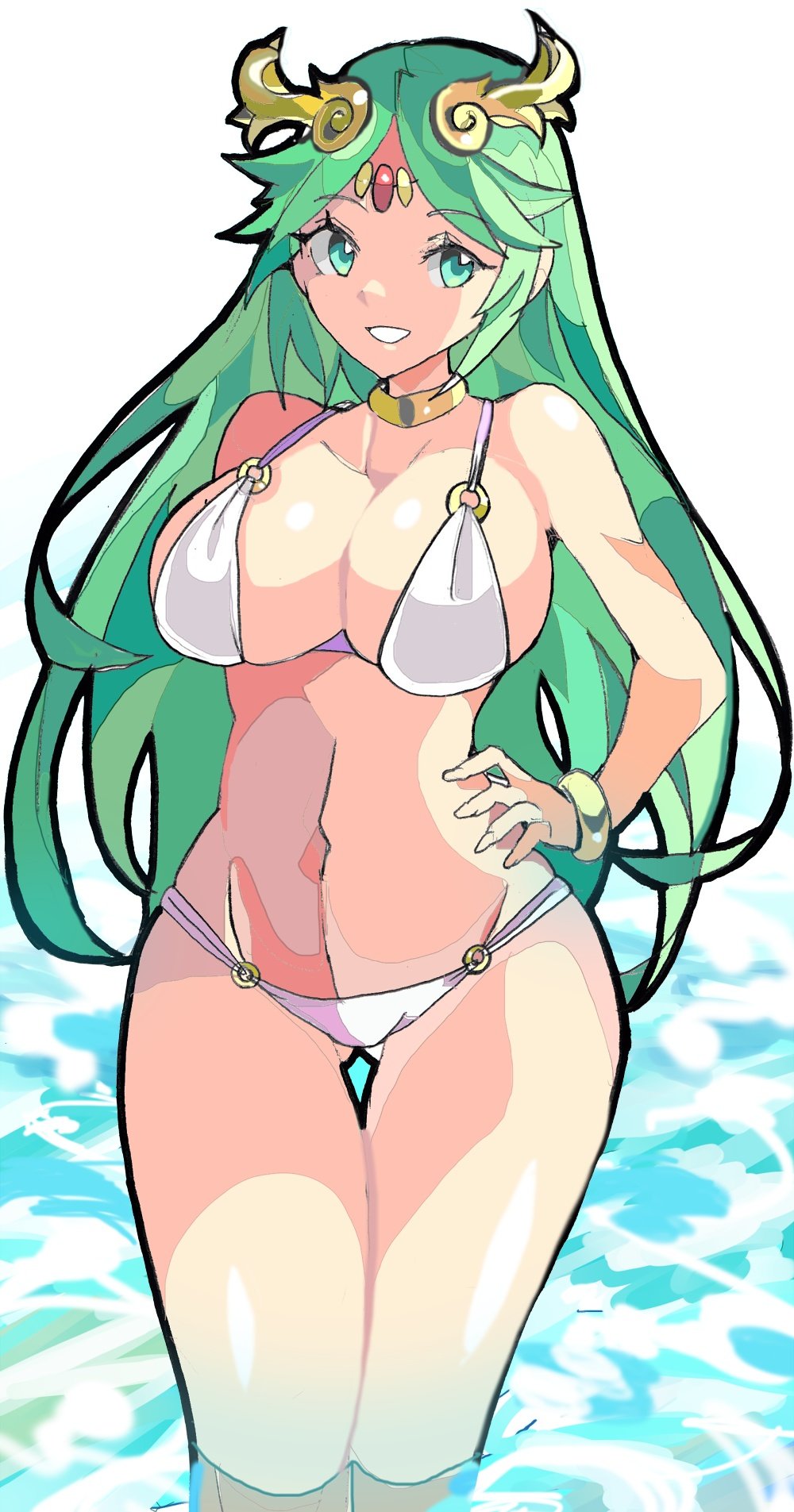 big_breasts big_thighs breasts cleavage enpe female female_only full_body green_eyes green_hair hand_on_hip huge_breasts jewelry kid_icarus legs midriff navel nintendo palutena pose smile solo stare stomach thighs water white_bikini