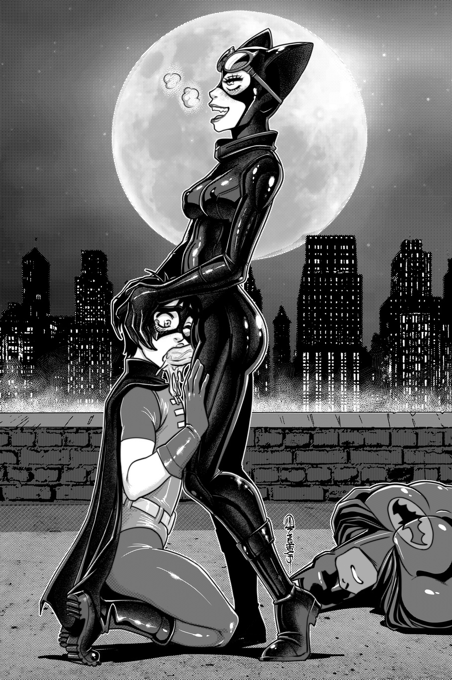 1boy, 1futa, anasheya, batman, batman (bruce wayne), batman (series), bruce wayne, catwoman, comic page, cum, cum in mouth, cum inside, dc, dc comics, dickgirl, erection, fellatio, futa on male, futadom, futanari, intersex, male, male sucking futa, malesub, monochrome, oral, penis, robin (dc), robin (tim drake), selina kyle, superhero costume, tim drake