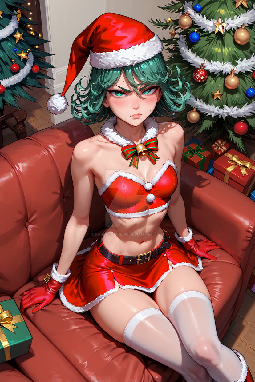 1girls, ai generated, annoyed expression, breasts, christmas, christmas clothing, christmas outfit, curly hair, female, green eyes, green hair, naughtygirlsai, one-punch man, skinny, small breasts, solo, tatsumaki