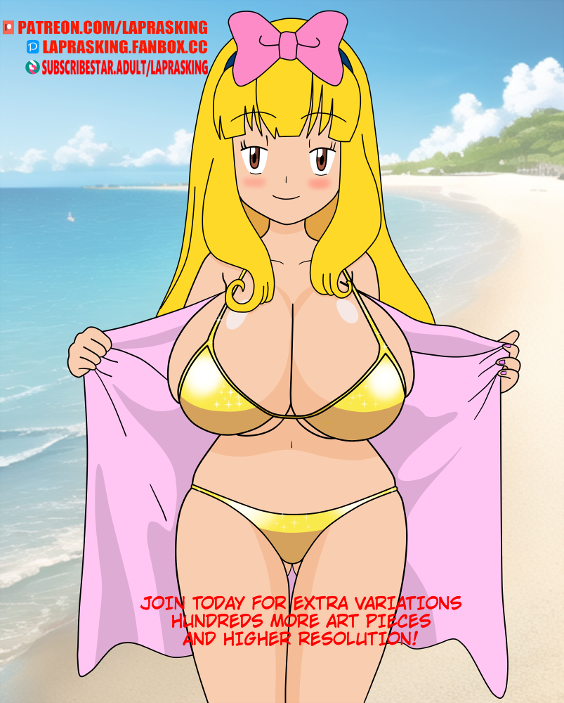 ashley_(pokemon) ashley_ketchum beach beach_background beach_towel bikini blonde_hair blush game_freak gender_bender genderbent genderswap_(mtf) gold_bikini golden_bikini laprasking large_breasts nintendo pokemon revealing_bikini rule_63 satoshi_(pokemon) smiling_at_viewer