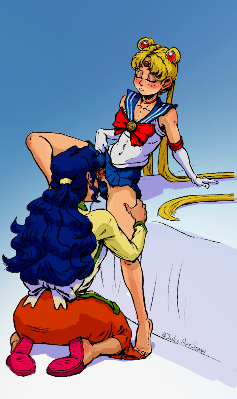 2d, 2girls, age difference, aged up, apron, bishoujo senshi sailor moon, blonde hair, blue hair, blush, closed eyes, color, cunnilingus, female, female only, full color, ikuko tsukino, incest, julesartstash, kneeling, lesbian sex, mommy kink, mother and daughter, no panties, partially clothed, pussy, sailor moon, sailor senshi uniform, self upload, skirt lift, slippers, tsukino ikuko, tsukino usagi, twintails, usagi tsukino, wavy hair, yuri