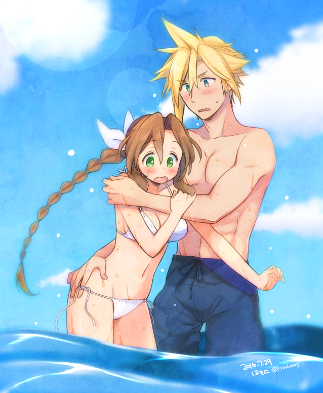 1boy 1girls aerith_gainsborough beach bikini blonde_hair blonde_hair_male blue_eyes blush cloud_strife cute female final_fantasy final_fantasy_vii final_fantasy_vii_remake flustered green_eyes in_water krudears light_skin long_hair male male/female seaside side-tie_bikini straight surprised surprised_expression water white_bikini wholesome