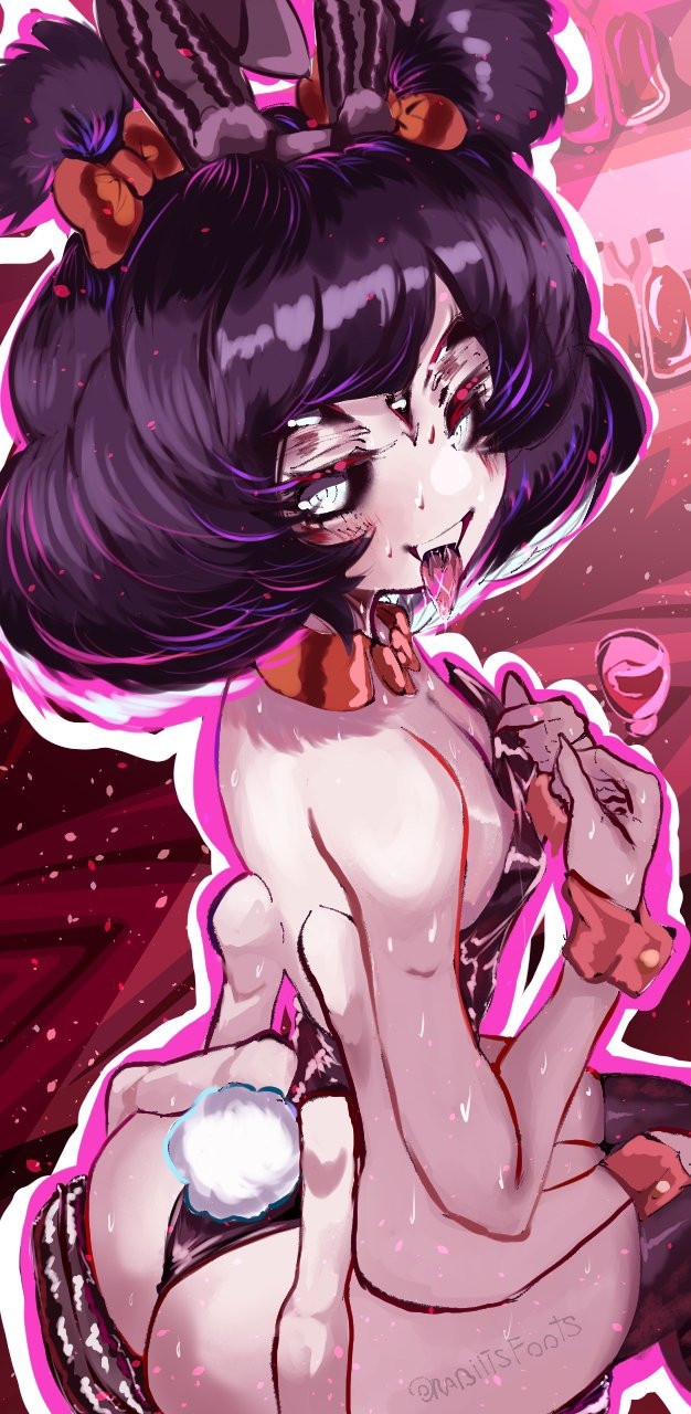 5_eyes ass big_ass bunny_ears bunny_tail bunnysuit drink drinks female flat_chest leotard looking_at_viewer looking_back monster_girl muffet rabiisfoots spider_girl teasing thick_thighs thighhighs tongue tongue_out undertale undertale_(series) watermark