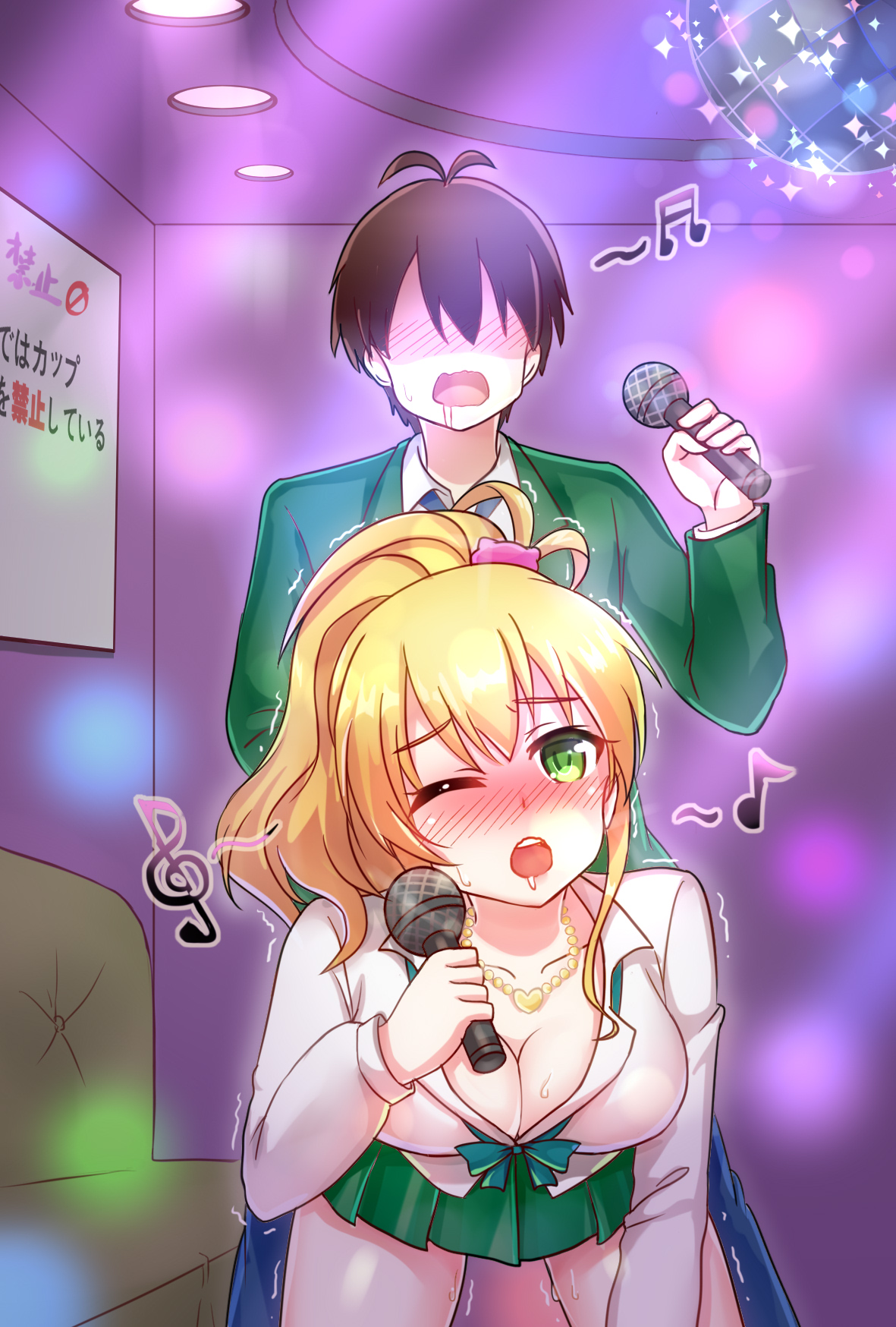 1boy, blonde hair, blush, breasts, brown hair, canon couple, cleavage, clothed sex, female, green eyes, gyaru, hajimete no gal, hashiba junichi, karaoke, large breasts, male, microphone, necklace, one eye closed, ponytail, school uniform, sex, straight, text, yame yukana