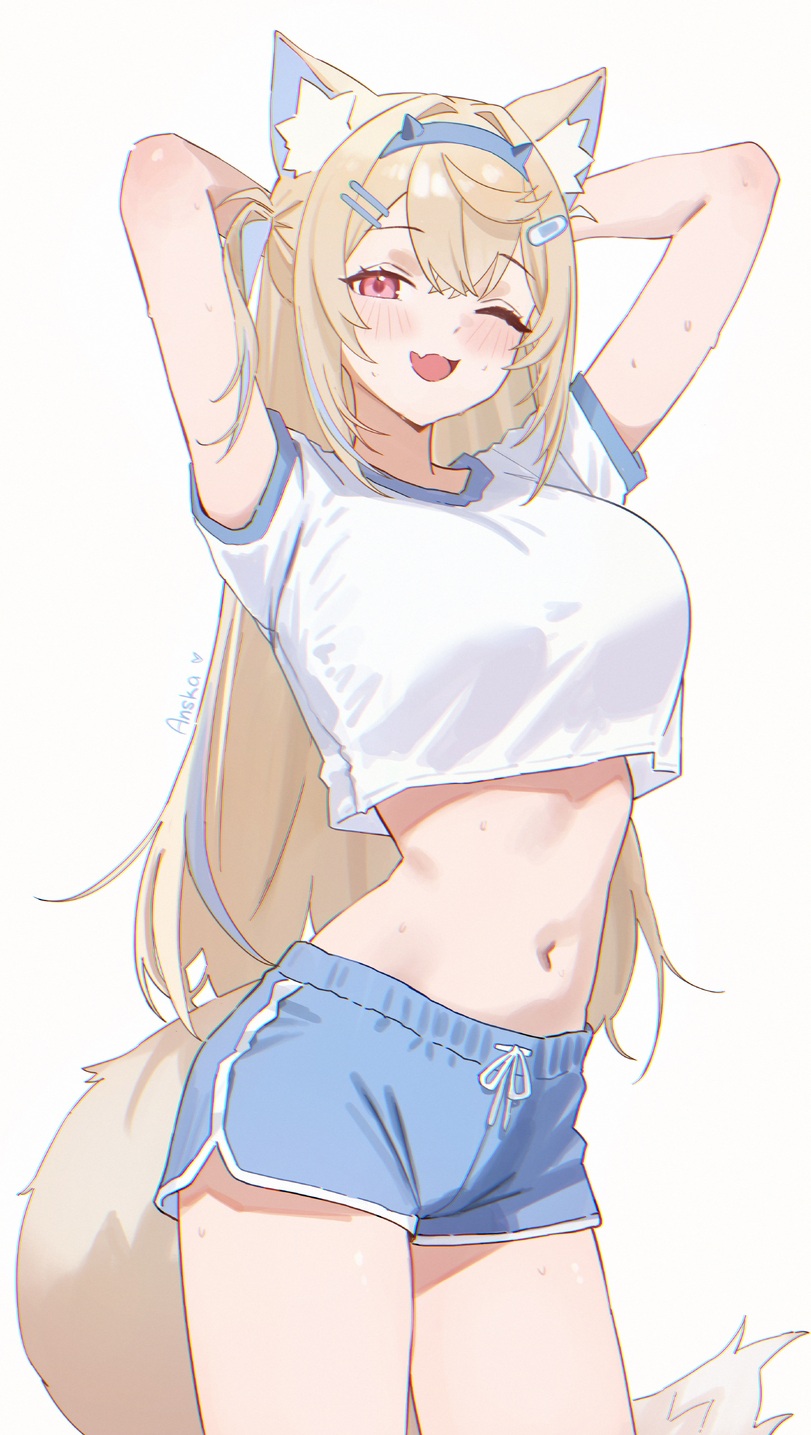1girls, anska, arms raised, bare legs, big breasts, crop top, dog ears, dog girl, dog tail, female, fuwawa abyssgard, hololive, hololive english, navel, one eye closed, shorts, sweat, tummy, virtual youtuber, vtuber