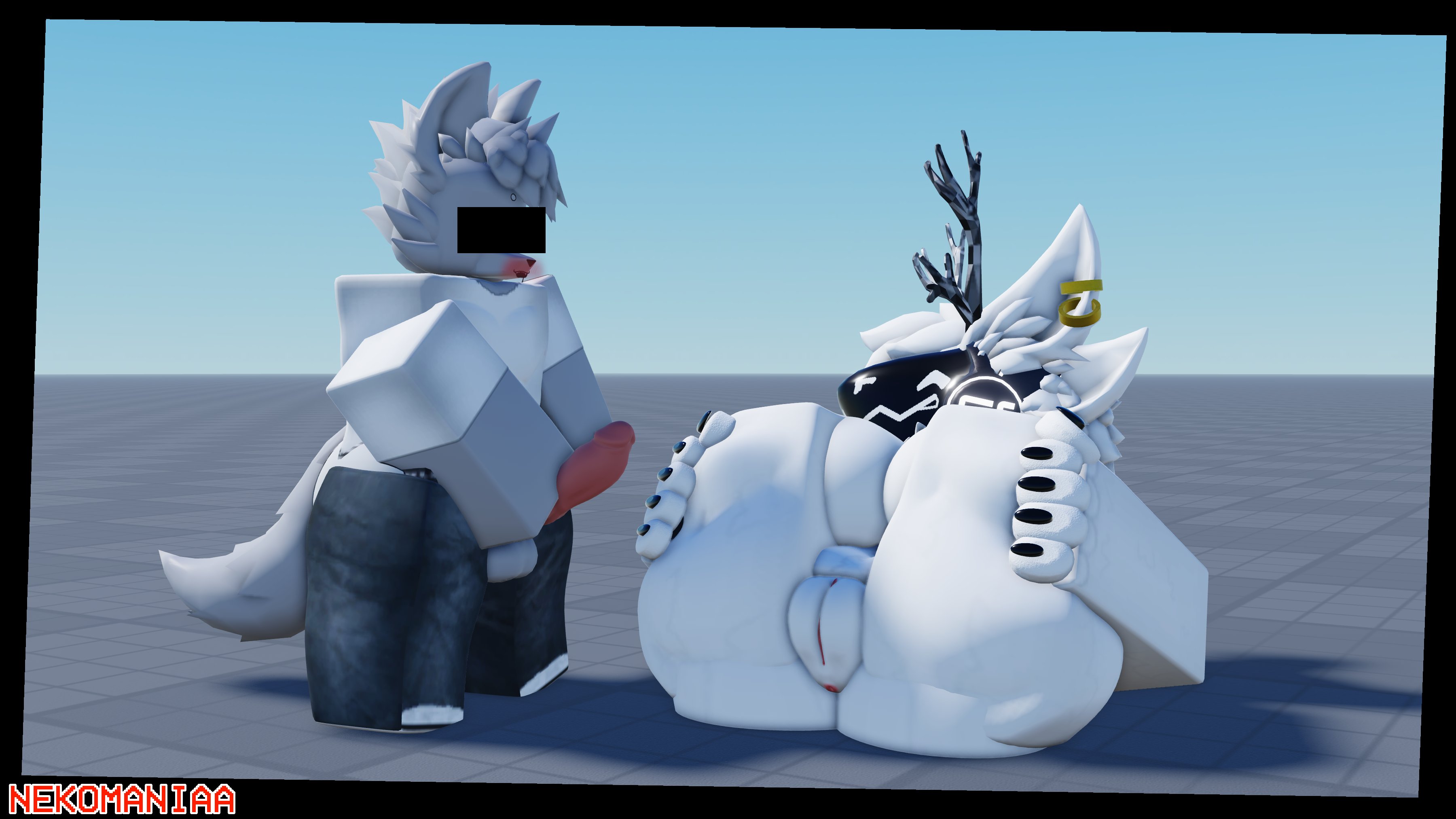 1boy, 1girls, 3d, anon, antlers, baseplate, censor bar, clothed male, clothed male nude female, female, furry, furry female, furry male, furry only, grey fur, male, male/female, naked female, nekomaniaa, protogen, roblox, roblox avatar, robloxian, self upload, tagme, white fur