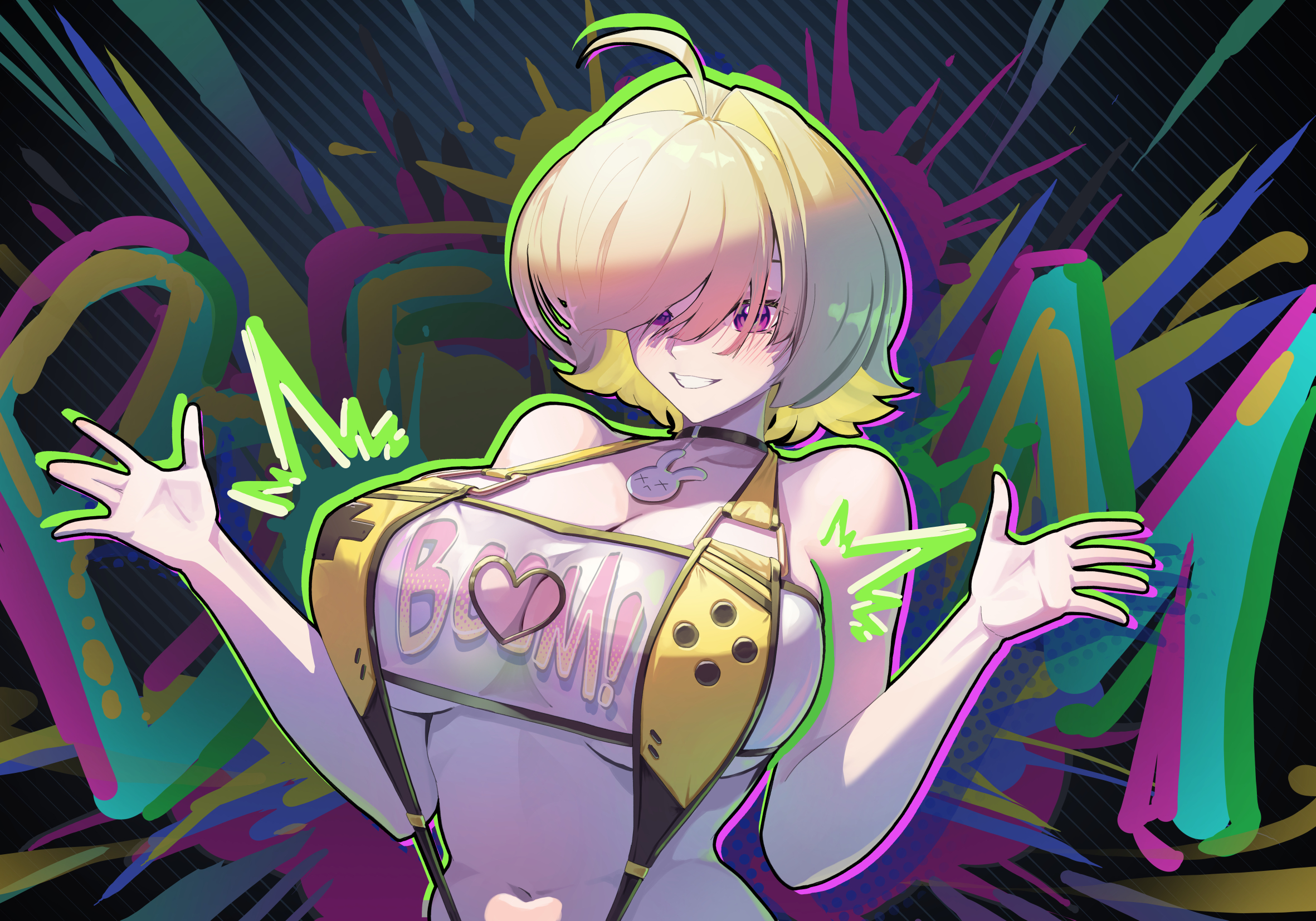 curvy, elegg (boom and shock) (nikke), elegg (nikke), eyes visible through hair, goddess of victory: nikke, grin, hair over eyes, huge breasts, shrug, smile, upper body