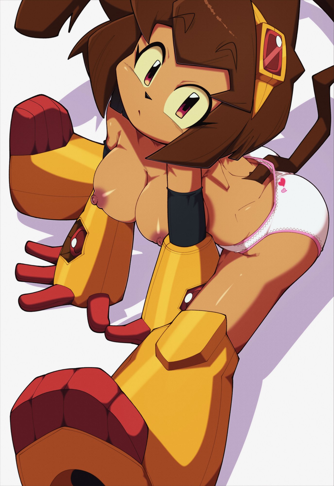 1girls, 2026, anthro, boots, breasts, brown hair, euf-dreamer, feline, from above, furry, gameoverse, gloves, goggles, goggles on head, kit (gameoverse), kit bodega, looking at viewer, nipples, panties, red eyes, sitting, solo, tagme, thighs, topless, white panties