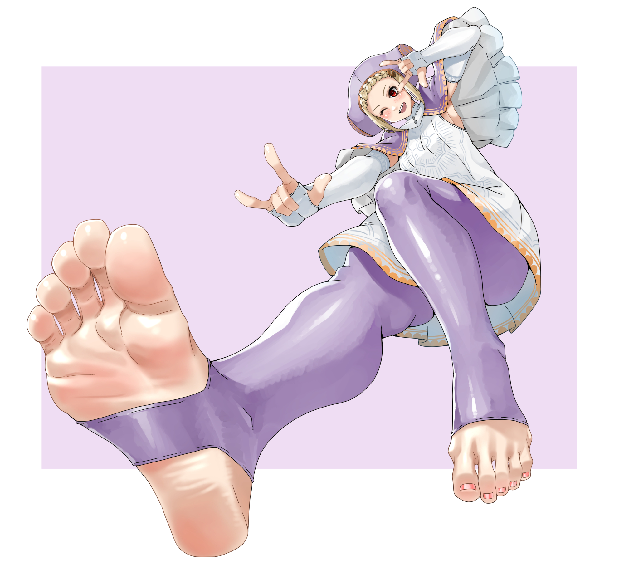 1girl, blonde hair, blush, capcom, detached sleeves, dress, eiji (eiji), feet, fingerless gloves, foot focus, full body, gloves, ingrid (capcom), one eye closed, open mouth, purple background, red eyes, smile, soles, stirrup pantyhose, street fighter, street fighter 6, toeless legwear, white gloves