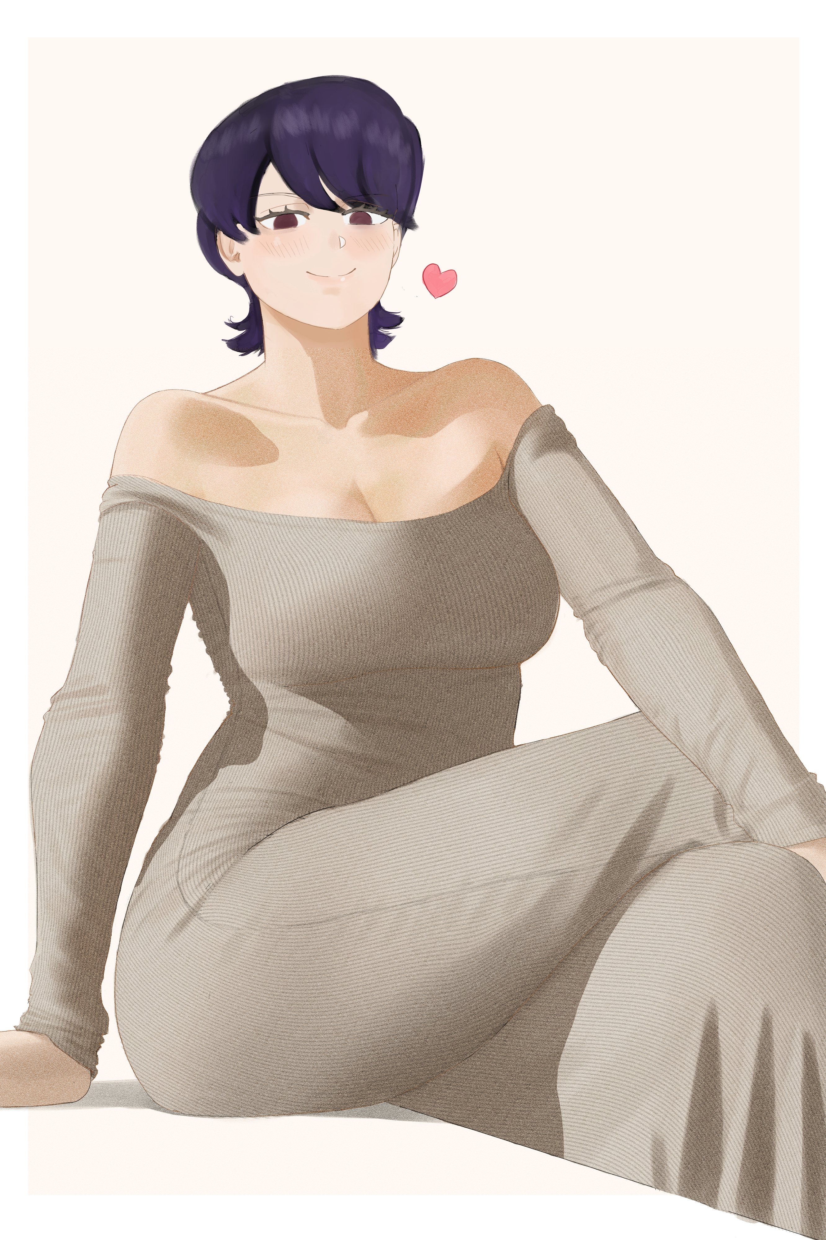 1girls, ahsern19552, alternate version available, big breasts, blush, breasts, brown eyes, cleavage, clothing, crossed legs, dress, female, female only, front view, hair, heart, hips, komi shuuko, komi-san wa komyushou desu, legs crossed, long dress, looking back, mature, mature female, mature woman, milf, mother, purple hair, short hair, smile, solo, solo female, thick thighs, thighs, white dress, wide hips