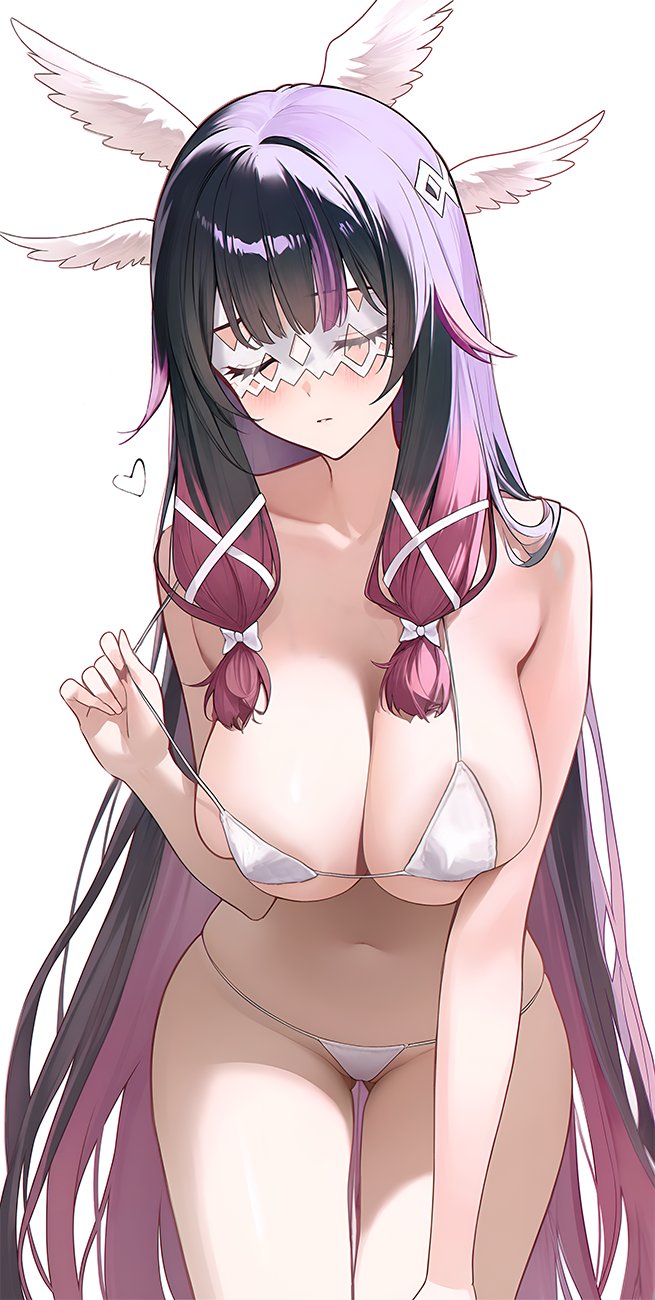 1female, 1girl, 1girls, arms, background, blush, blush lines, blushing, blushing at viewer, blushing female, bra, closed eyes, closed mouth, columbina (genshin impact), female, female focus, female only, genshin impact, heterosexual, navel, panties, purple hair, sexy female, white background, white bra, white panties