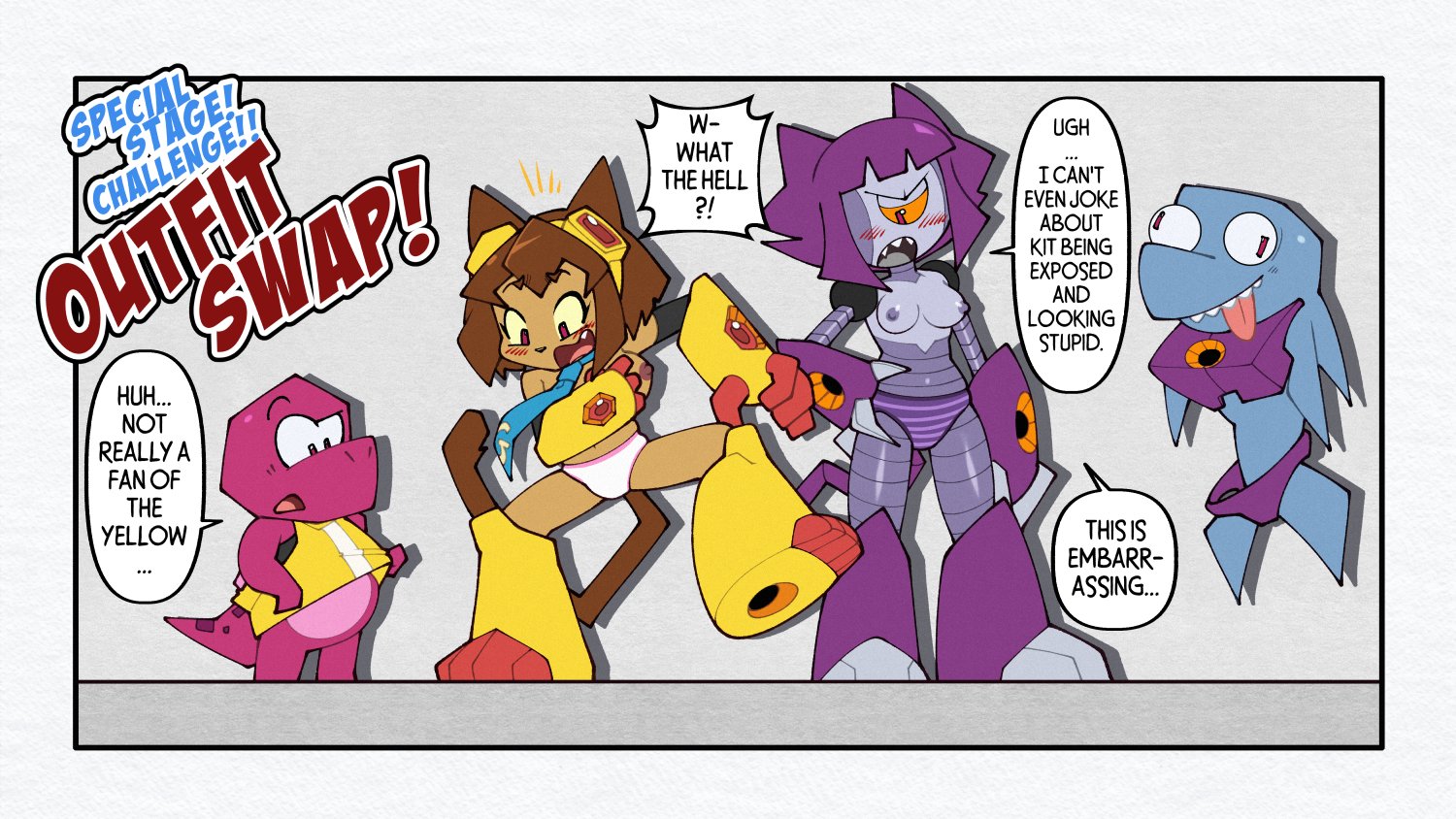 2026, 2boys, 2girls, accidental exposure, anthro, blush, boots, breasts, brown hair, covering, covering breasts, cyclops, embarrassed, english text, euf-dreamer, fangs, feline, flappers (gameoverse), furry, gameoverse, gloves, gobbles (gameoverse), goggles, goggles on head, kit (gameoverse), kit bodega, malice (gameoverse), navel, necktie, nipples, open mouth, outfit swap, panties, purple hair, purple panties, robot, robot girl, sharp teeth, standing, striped panties, tagme, text, wavy mouth, white panties, yellow sclera