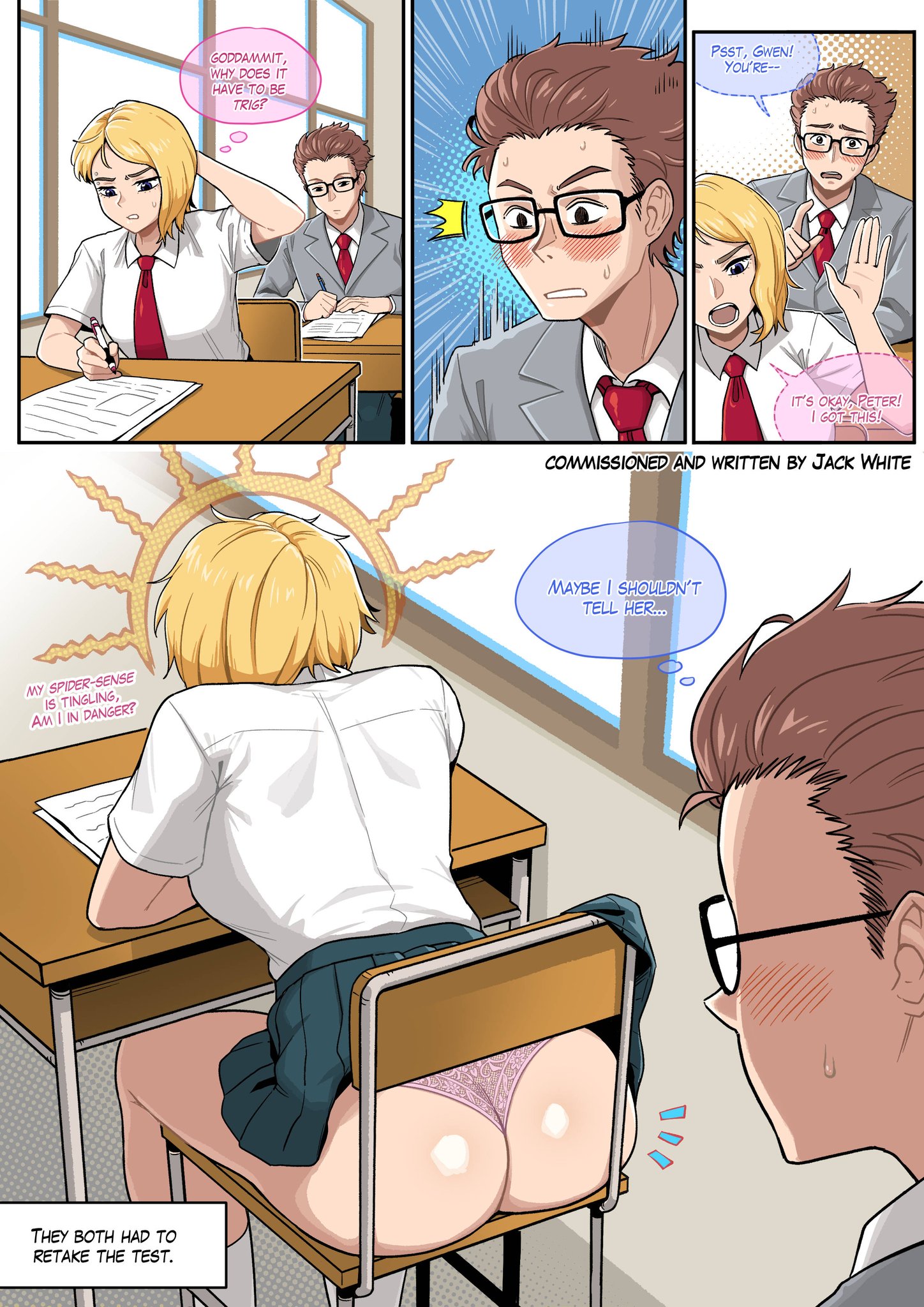 1boy, 1boy1girl, 1girl, 1girl1boy, 1girls, ass, ass focus, big ass, blush, blush lines, blushing, blushing male, brown hair, chair embarrassment, color, colored, comic, comic panel, commission, commission art, english, english commentary, english text, full color, glasses, gwen stacy, large penis, light skin, light-skinned female, light-skinned male, marvel, nerd, nerdy male, nervous, panties, parody, peter parker, sambalteracy, shiny skin, shirt, short hair, shorts, spider-man, spider-man (series), text, yellow hair