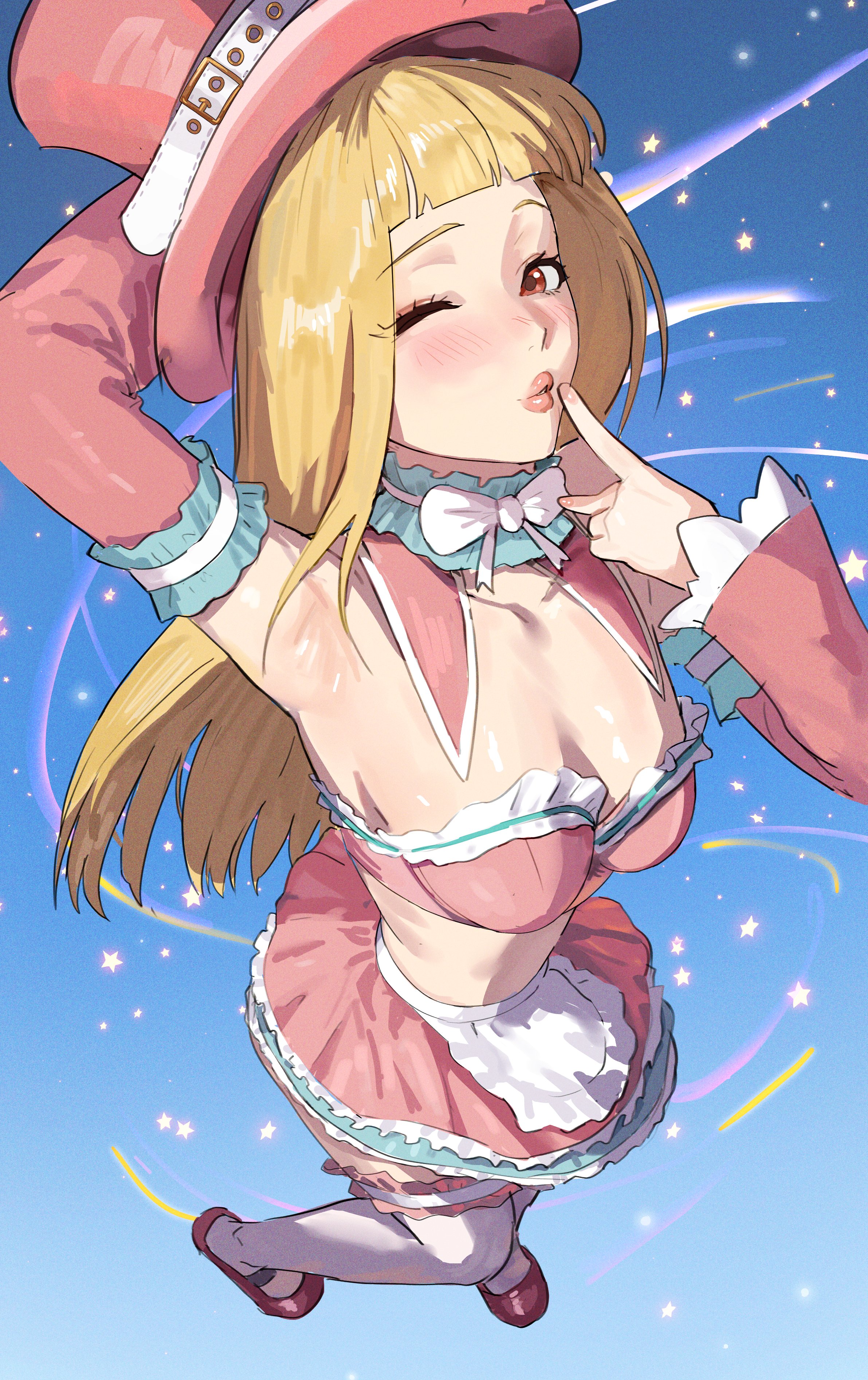 ;), 1girl, absurdres, apron, armpits, blonde hair, blush, breasts, cleavage, finger to mouth, hat, highres, ingrid (capcom), ingrid (midnight bliss) (capcom), looking at viewer, mary janes, midnight bliss, midriff, nisakusa, one eye closed, pink hat, pink skirt, red eyes, shoes, skirt, smile, street fighter, street fighter 6, thighhighs, top hat, white apron, white thighhighs